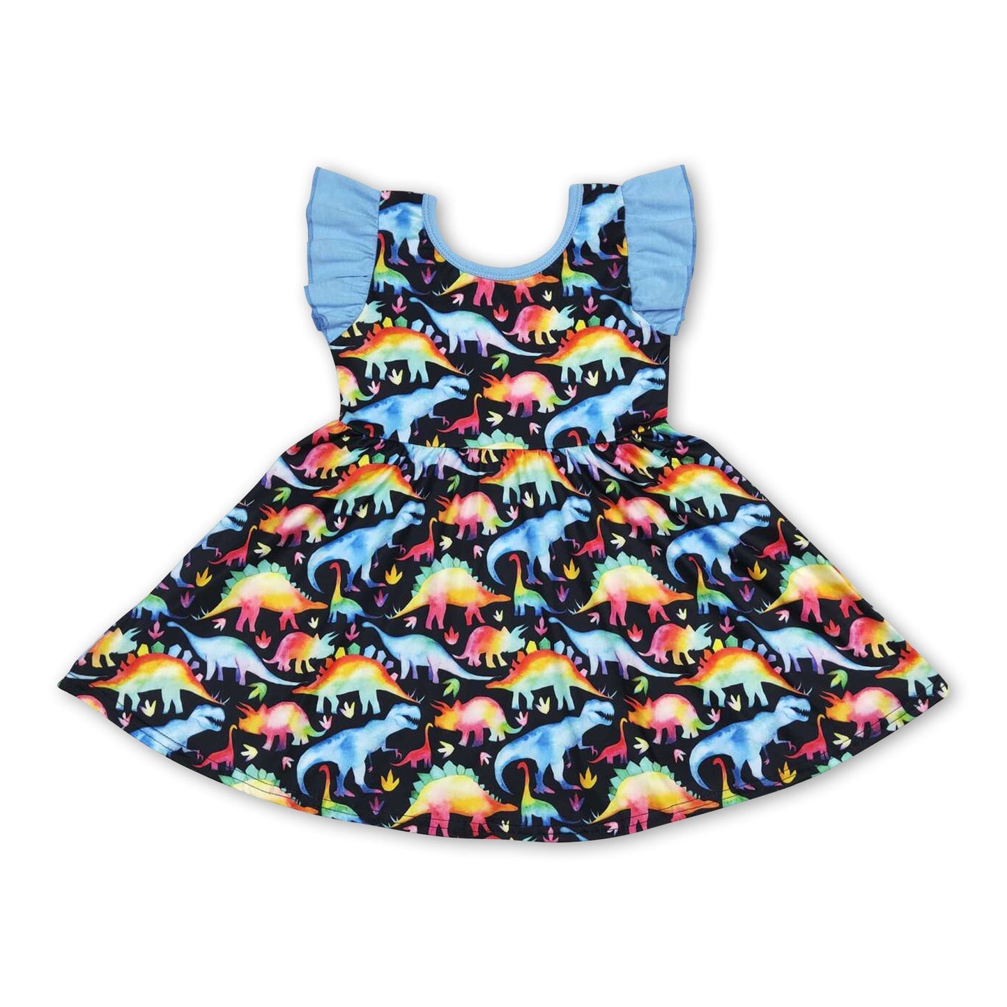 Blaues Schmetterlingsärmel-Dinosaurier-Kleid für Kinder und Mädchen