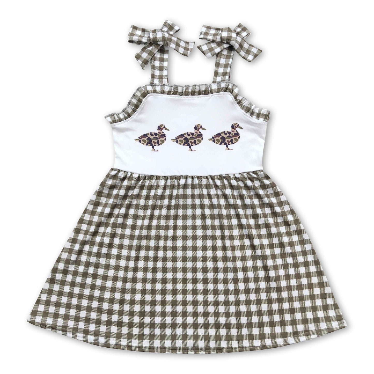 Olivkarierte Träger Entchen Baby Mädchen Sommerkleid