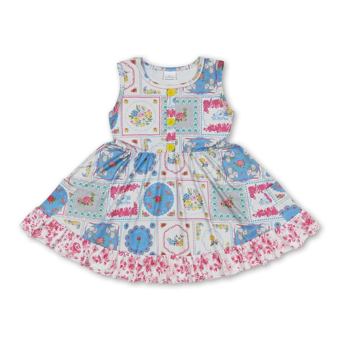 Ärmelloses Frühlingskleid für Mädchen mit Blumen-Patchwork und Rüschen