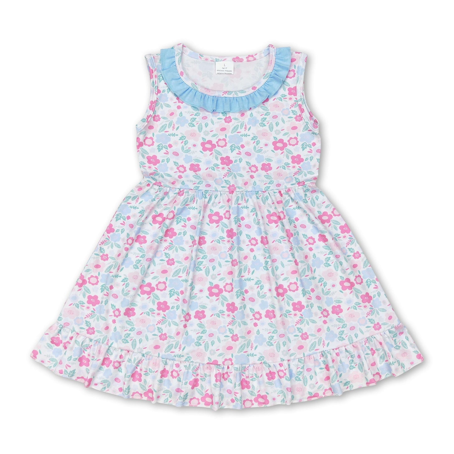 Hellblaues ärmelloses Mädchen-Sommerkleid mit Blumenmuster und Rüschen