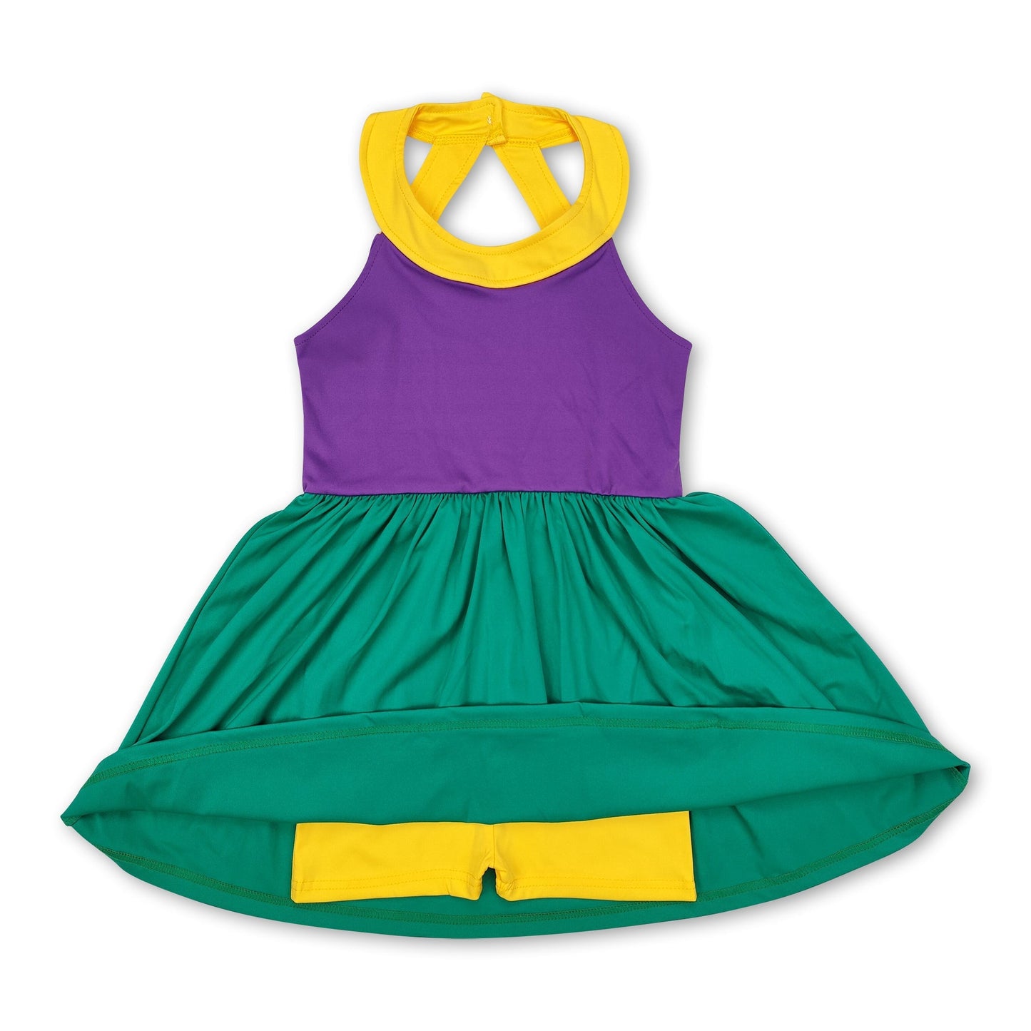 Gelb-lila-grünes Mardi Gras Sportkleid für Mädchen