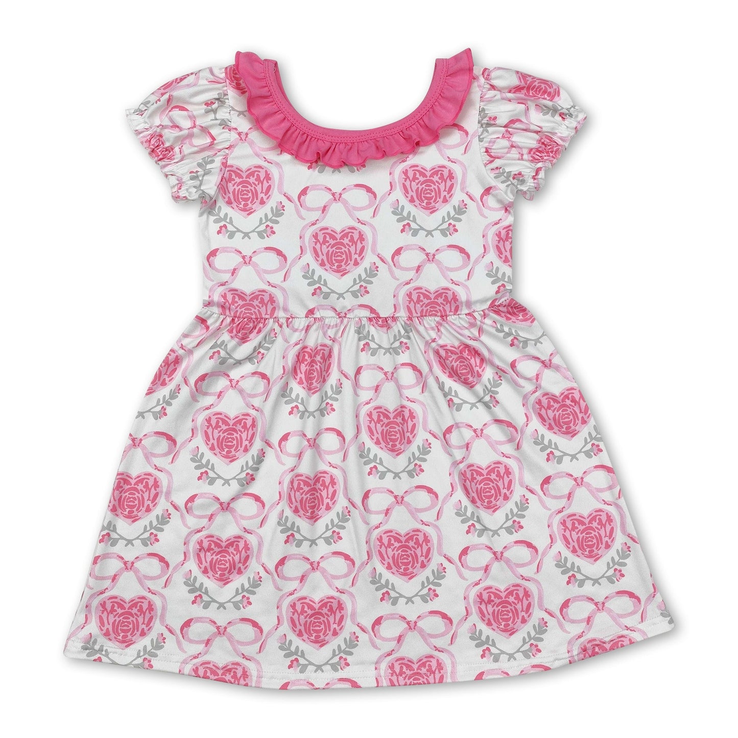 Kurzärmeliges, rosa herzförmiges Blumenkleid mit Schleife für Baby-Mädchen zum Valentinstag