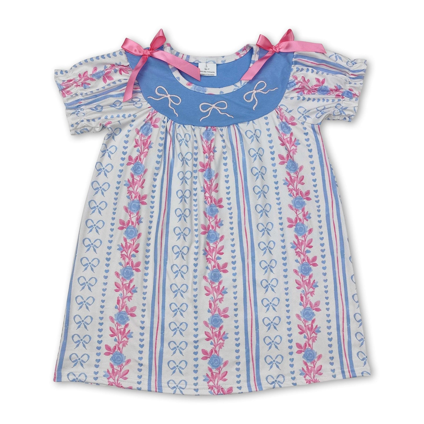 Kurzarm gestreiftes Blumenmuster hellblaues Schleifenkleid für Baby-Mädchen