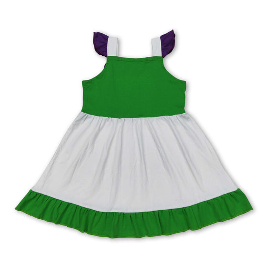 Weiß-grün-violettes Prinzessinnenkleid für Mädchen mit Volantärmeln und Rüschen