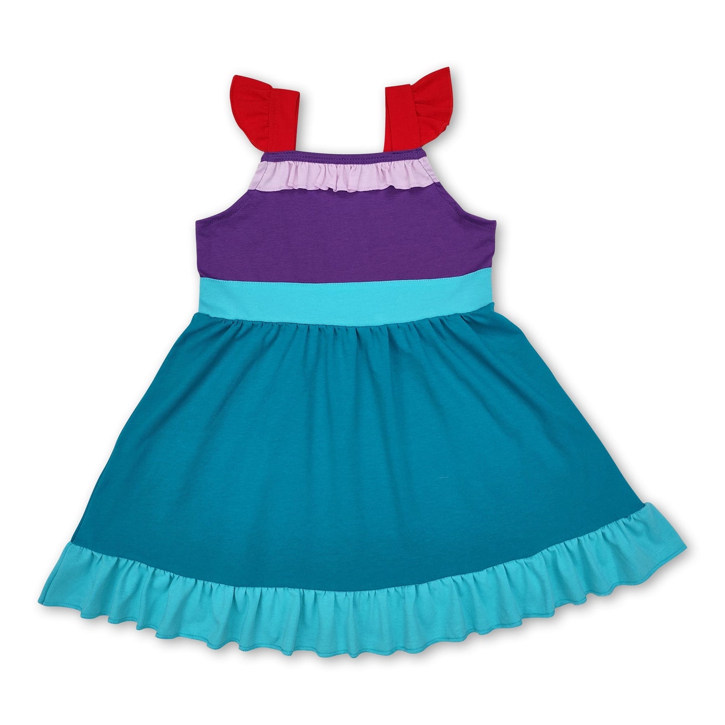 Rot-grün-lila Mädchenkleid mit Rüschen und Prinzessinnenärmeln