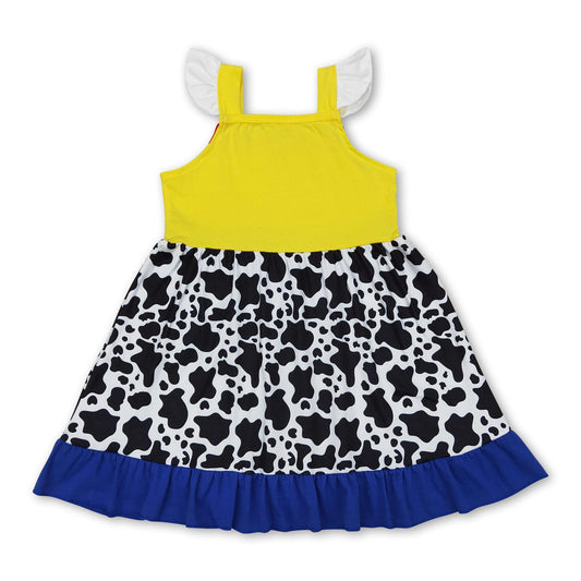 Yellow cow print flutter sleeves ruffle baby girls dress