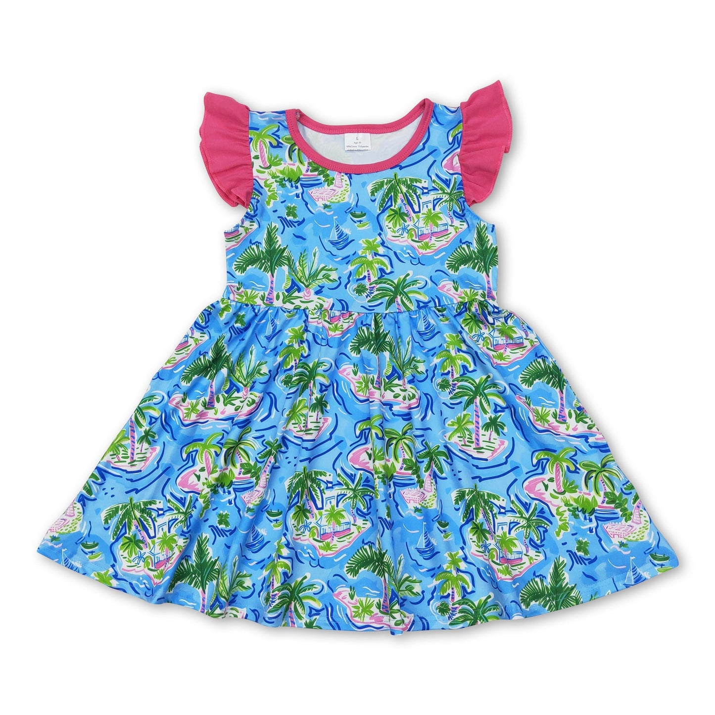 Flatterärmel aquablaues Boot Bäume Mädchen Sommerkleid