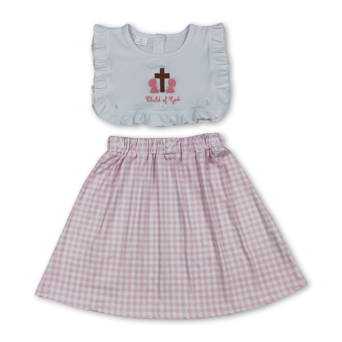 Kinderkleider für Ostern in Rosa und Karomuster mit Kreuz-Motiv „Child of God“