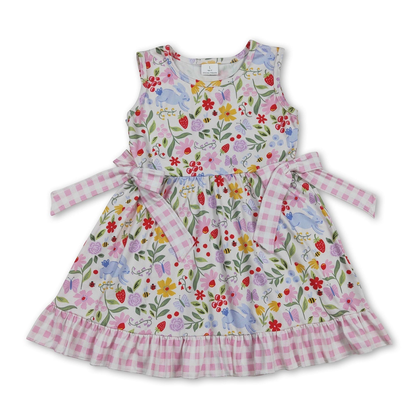 Ärmelloses geblümtes Hasenschleifen-Karomusterrüschenkleid für Mädchen zu Ostern