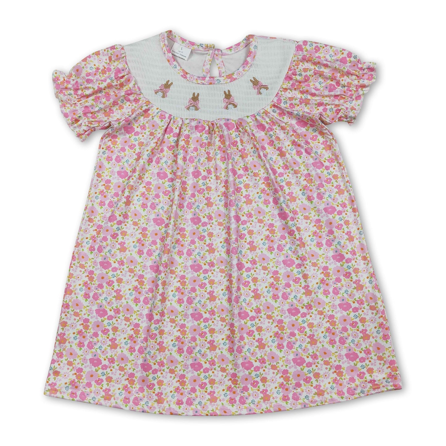 Kurzarm-Osterkleid für Mädchen mit rosa Blumen und gesmoktem Hasenmotiv