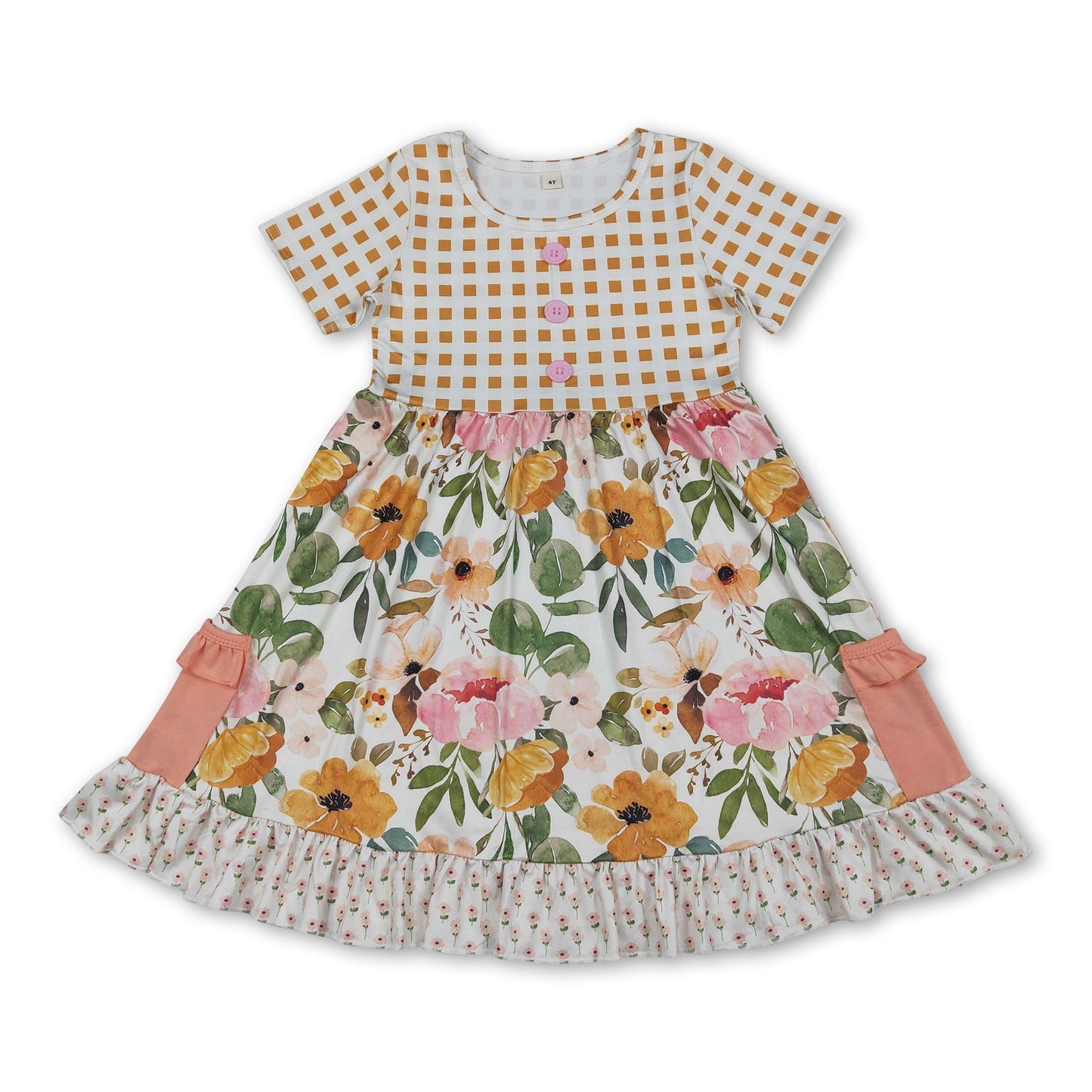 Kariertes kurzärmeliges Rüschenkleid mit Tasche für Mädchen