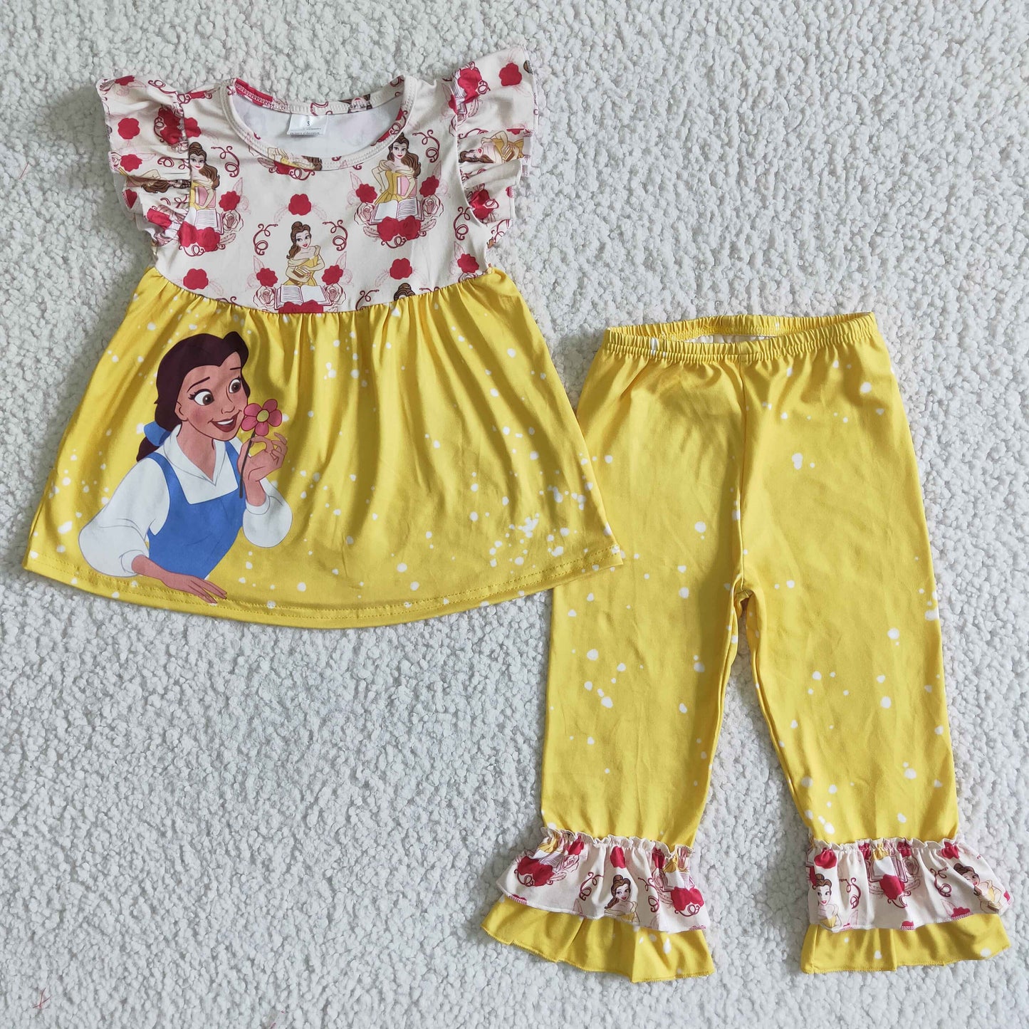 Niedliches Prinzessin-Shirt mit Flügelärmeln, gelbe Rüschenhose, Mädchen-Boutique-Kleidungsset