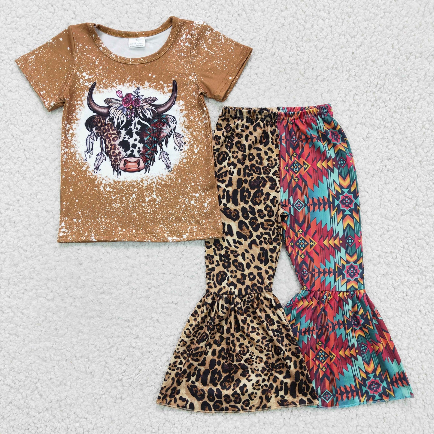 Leopard Aztec Kuh gebleichte Schlaghose Mädchen Westernkleidung