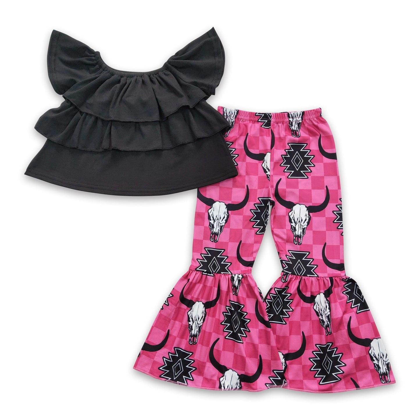 Schwarzes Baumwolltop Stierschädel Aztekenhose Kinder Mädchen Westernkleidung