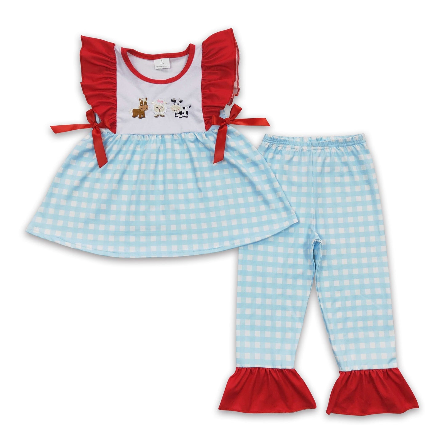 Kuh Schaf Pferd Stickerei Plaid Tunika Hose Mädchen Kleidung Set