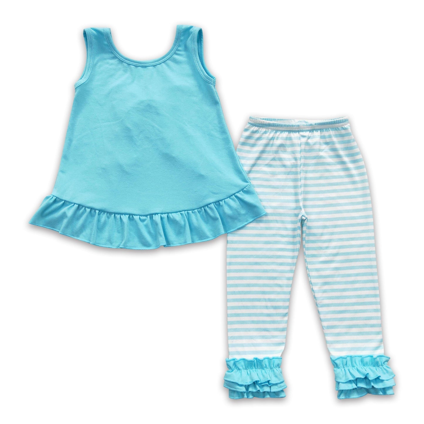 Aqua ärmelloses Top mit Rückenausschnitt, Leggings mit Streifenmuster, Mädchen Frühlingskleidung