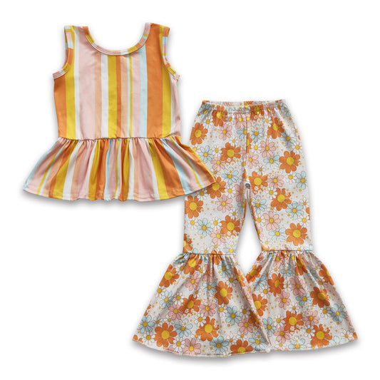 Gestreifte ärmellose Schößchen-Bluse mit Blumenmuster und Schlaghose für Baby-Mädchen