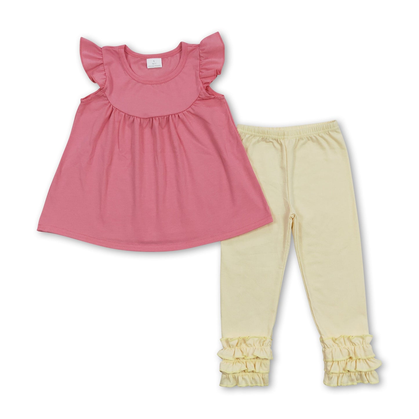 Pinkes Tunika-Shirt mit Rüschenärmeln, Leggings mit Rüschensaum, Mädchenkleidung