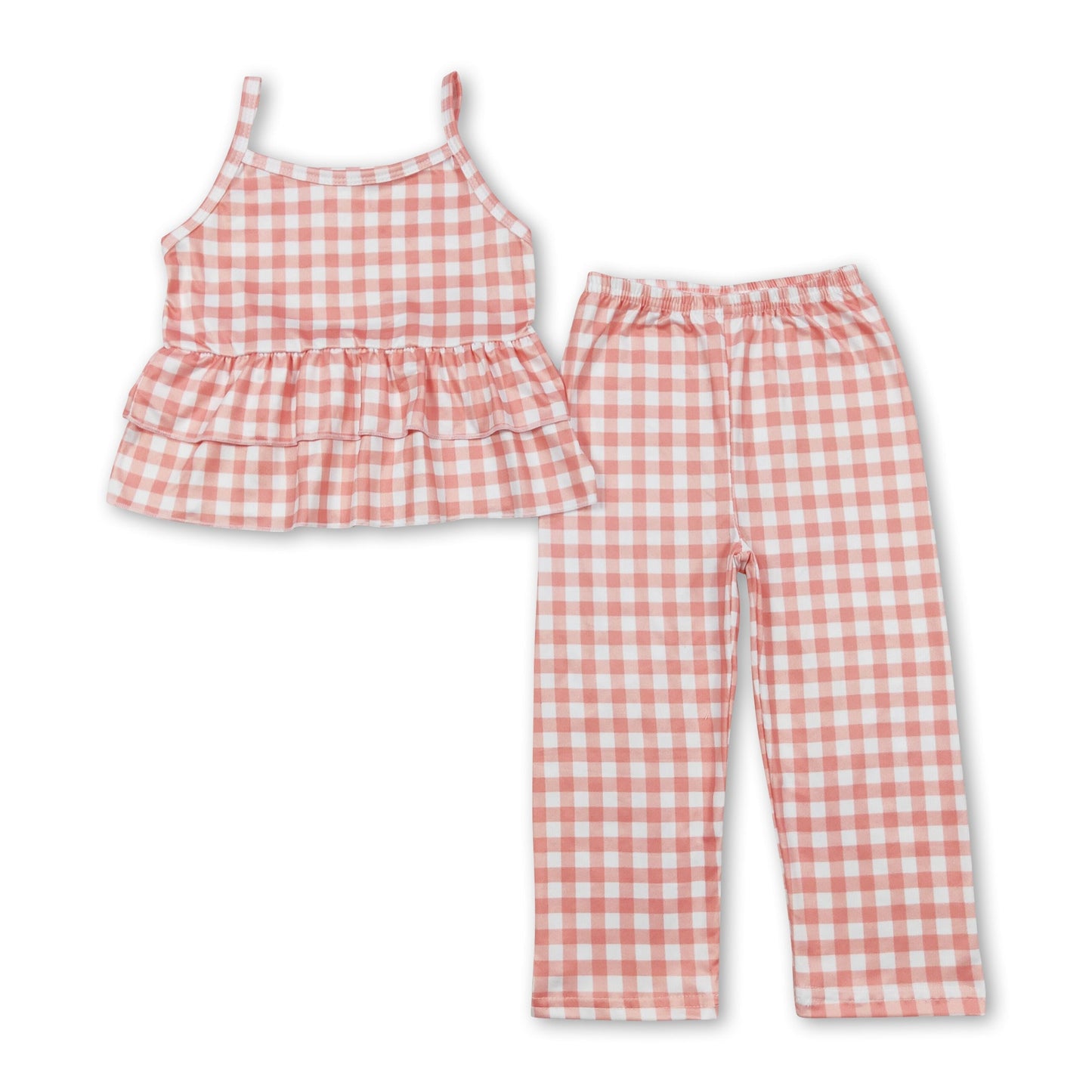 Ärmelloses orangefarbenes kariertes Rüschenoberteil und Hose für Mädchen