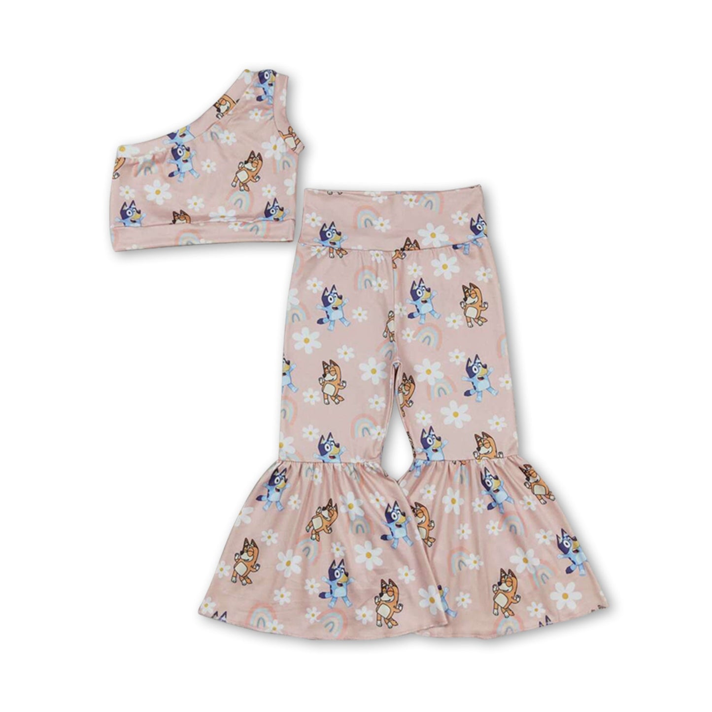 One-Shoulder Hunde-Blumen-Top Hose Mädchenkleidung