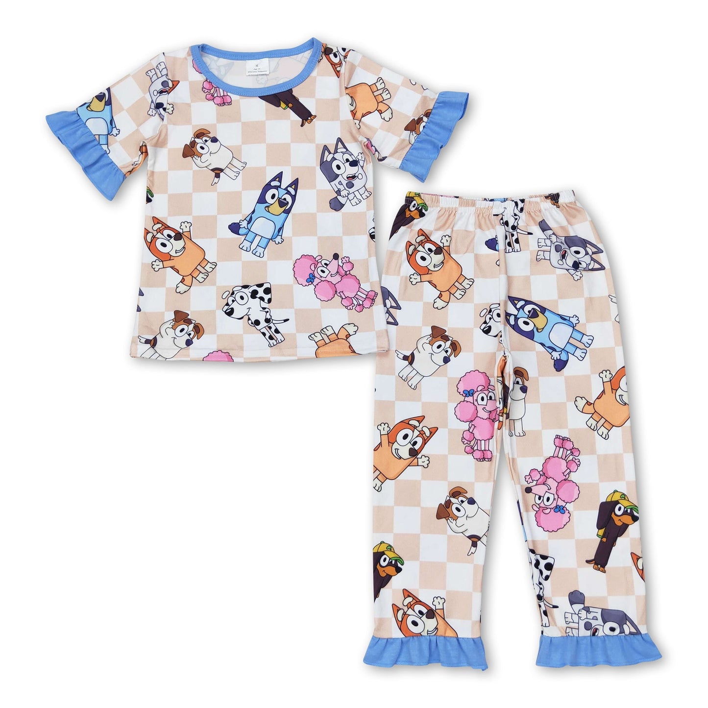 Kurzärmeliger Pyjama für Mädchen mit Schottenkaro und Hundemotiv