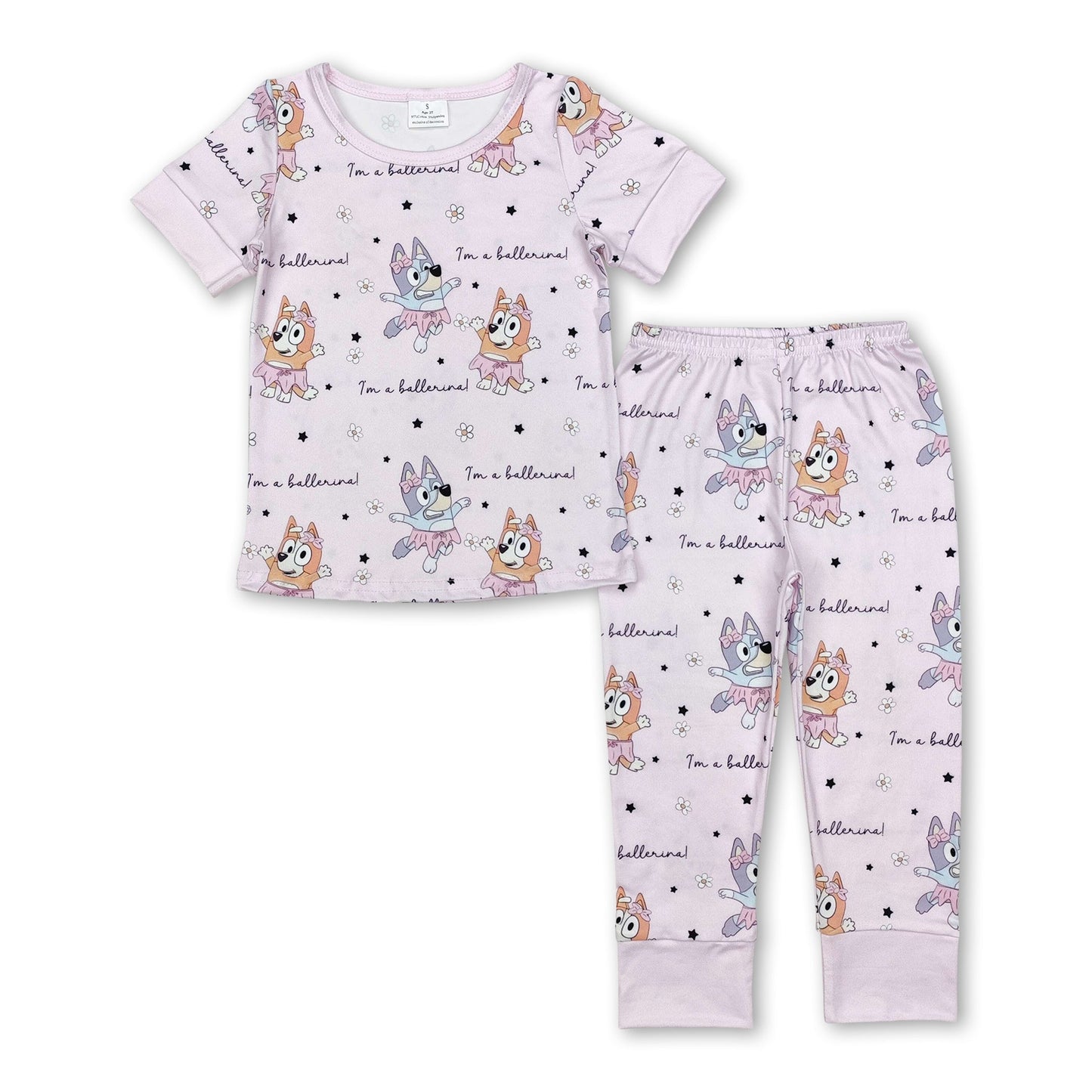 Kurzärmeliger Pyjama für Kinder und Mädchen mit rosa Blumenmuster und Hunden