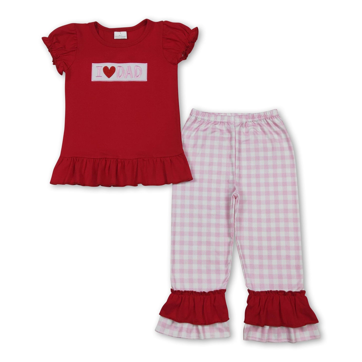 Rotes Baumwoll-Ich-liebe-Papa-Oberteil, karierte Hose, Mädchen-Outfits