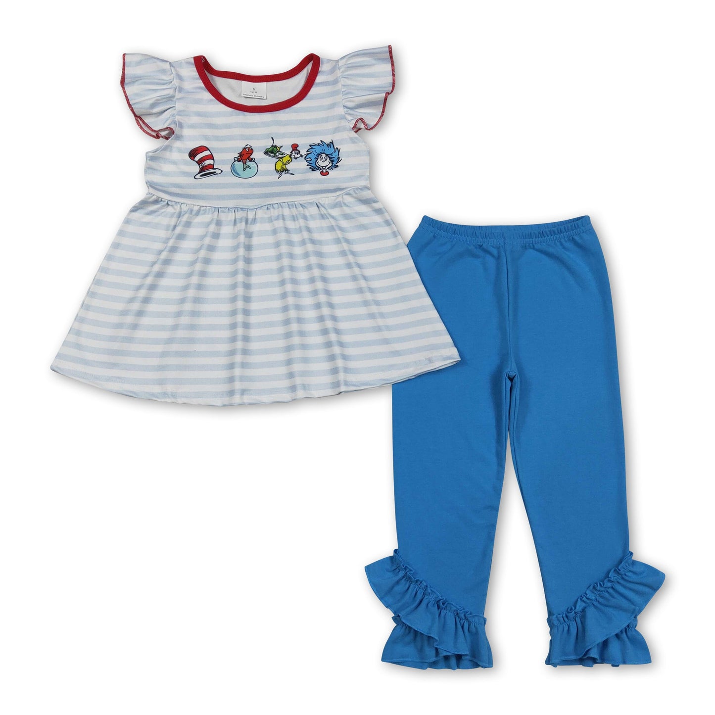 Mädchen-Outfits mit gestreiften Tunika-Leggings, Katzenhut und flatternden Ärmeln