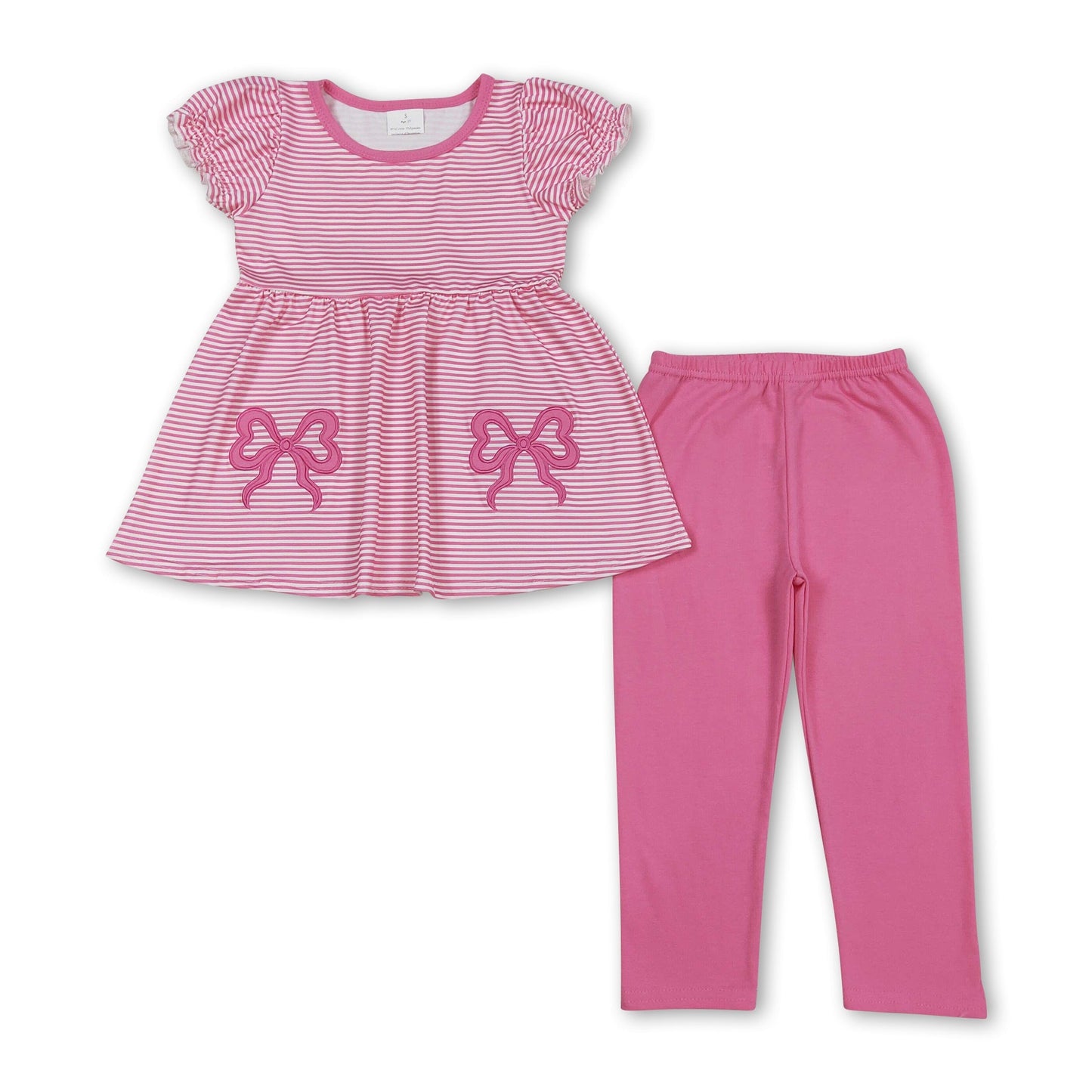 Kurzarm Rosa Gestreift Schleife Tunika Leggings Mädchen Outfits