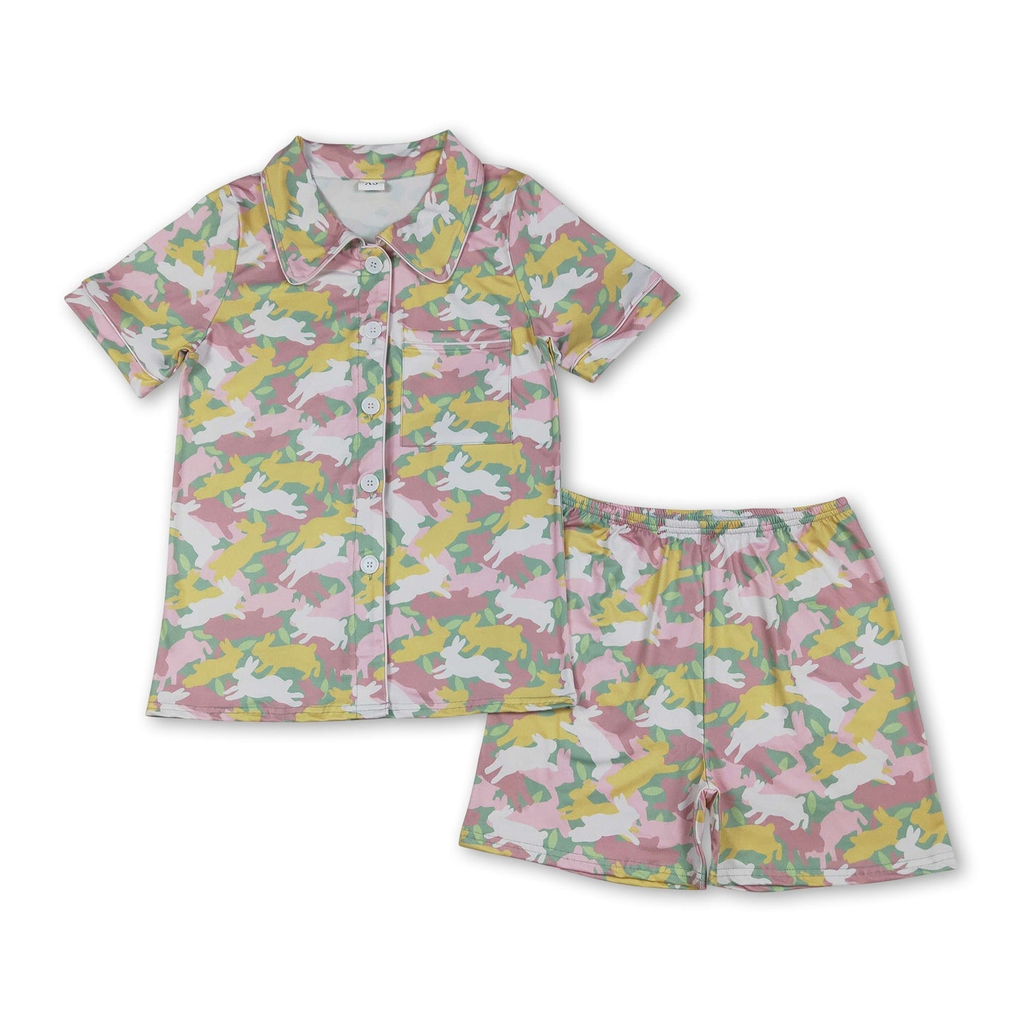 Kurzärmeliger Hasen-Tarnmuster Pyjama für erwachsene Damen mit Knopfleiste zu Ostern