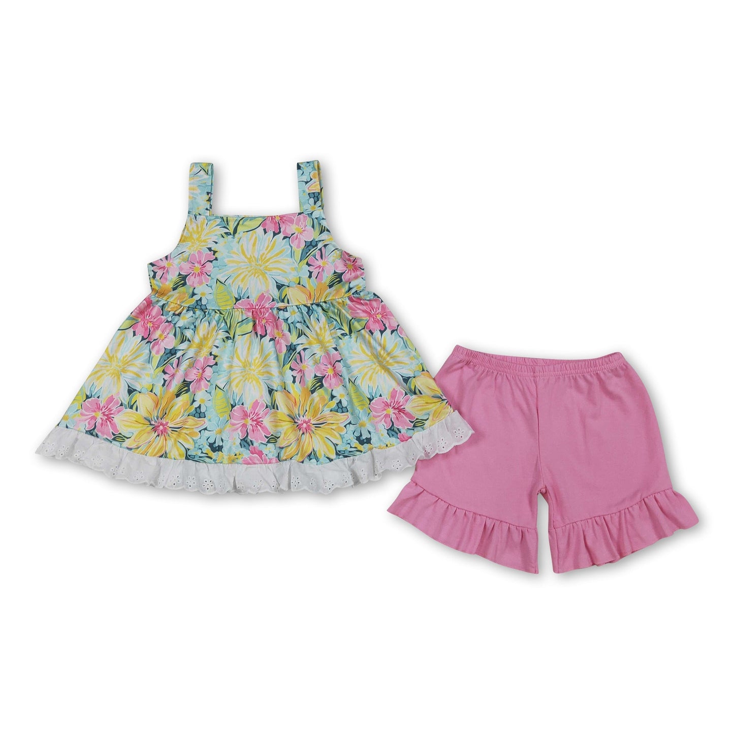 Ärmellose florale Tunika pinke Rüschenshorts Mädchen-Outfits