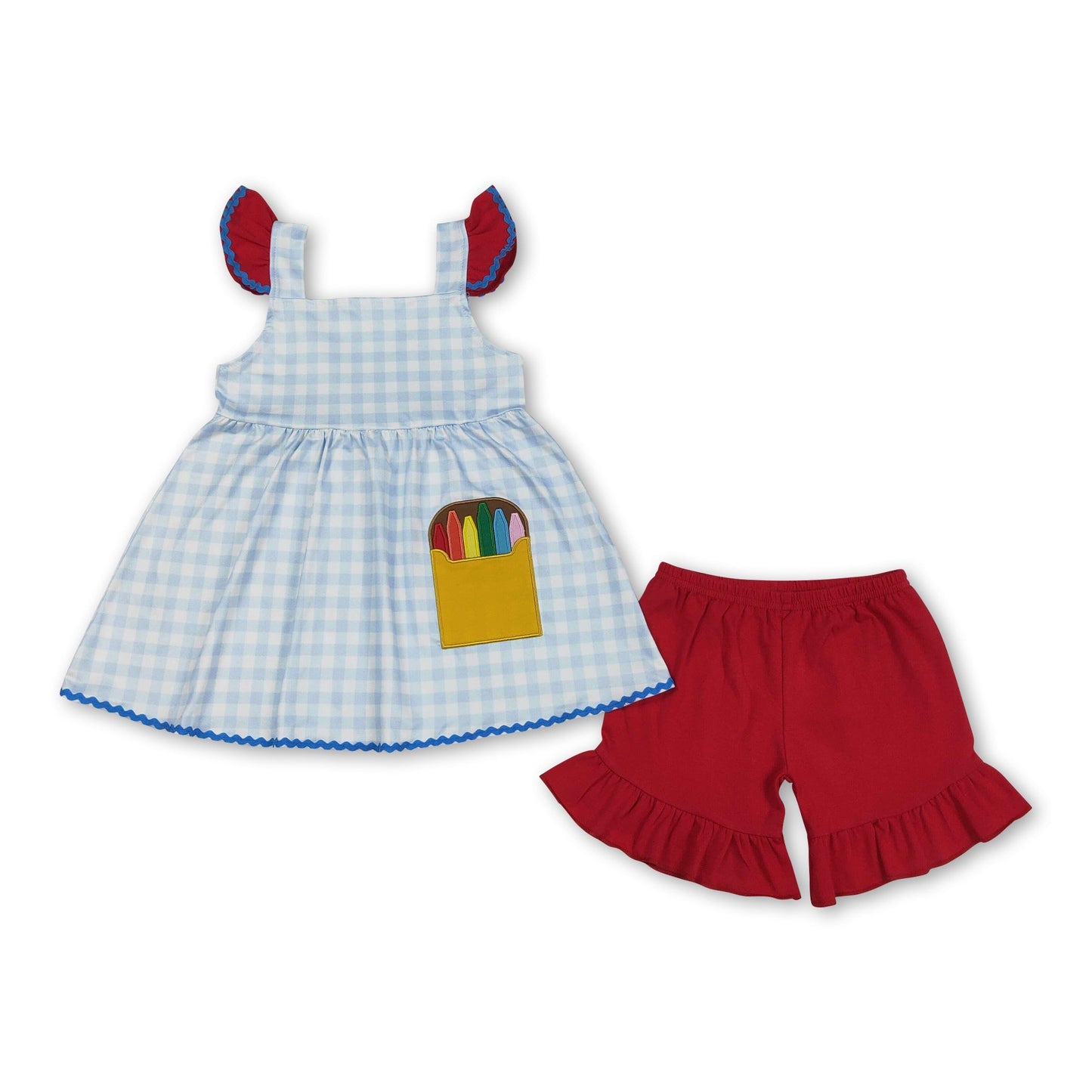 Schottenkaro-Buntstiftstickerei-Tunika-Shorts-Mädchen-Schuloutfits