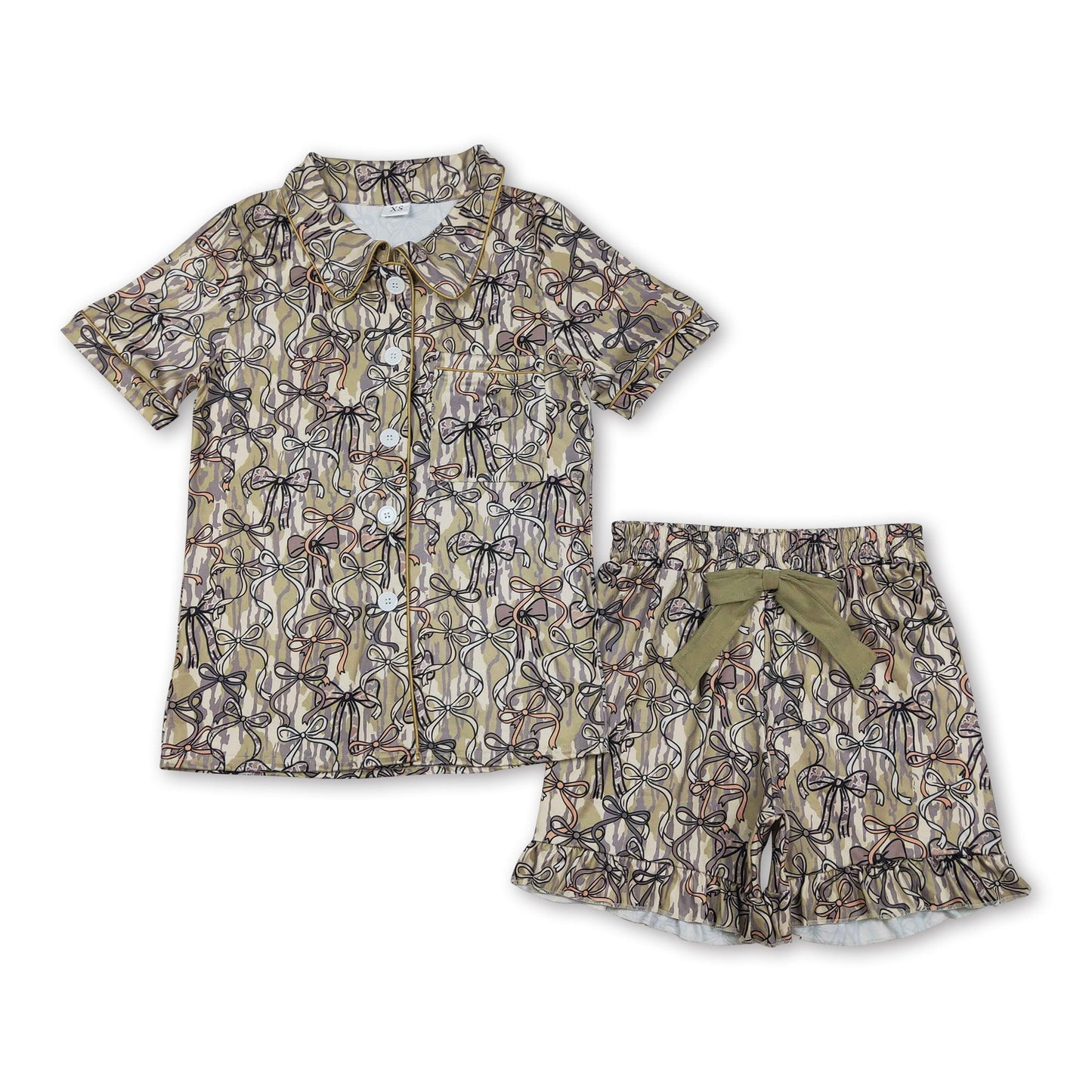 Kurzärmelige Schlafanzüge für Damen mit Schleife, Camouflage-Muster und Knopfleiste