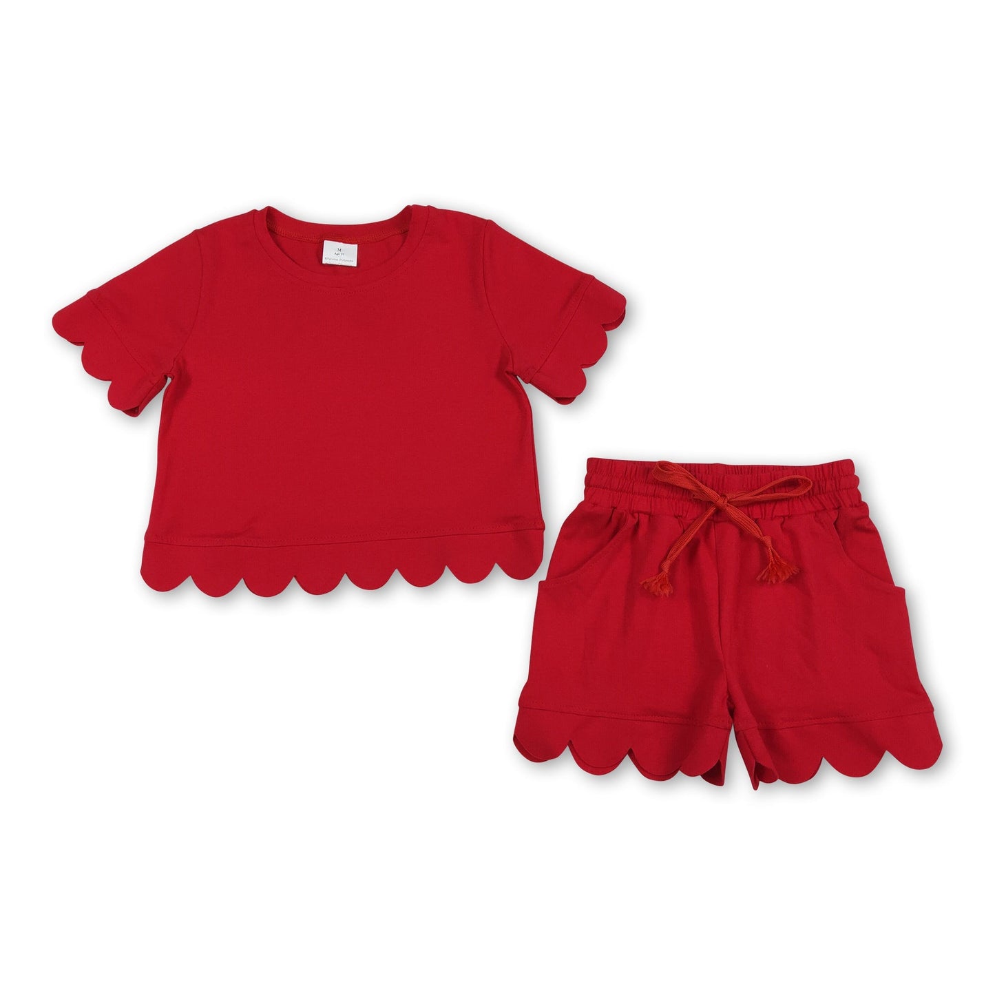 Kurzarm-Oberteil mit rotem Muschelsaum, Shorts, Mädchen-Sommeroutfit
