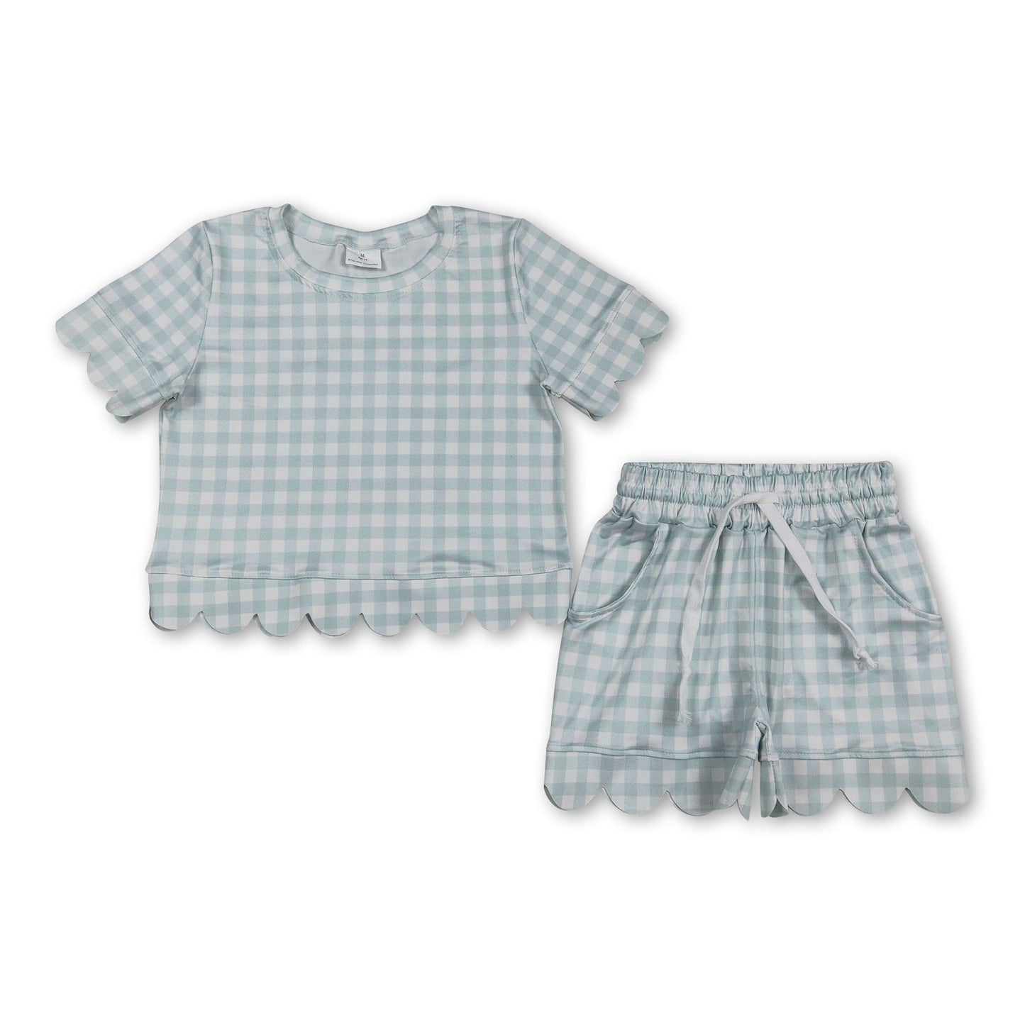 Himmelblau kariertes Oberteil mit Muschelsaum Shorts Mädchen Sommer Outfit