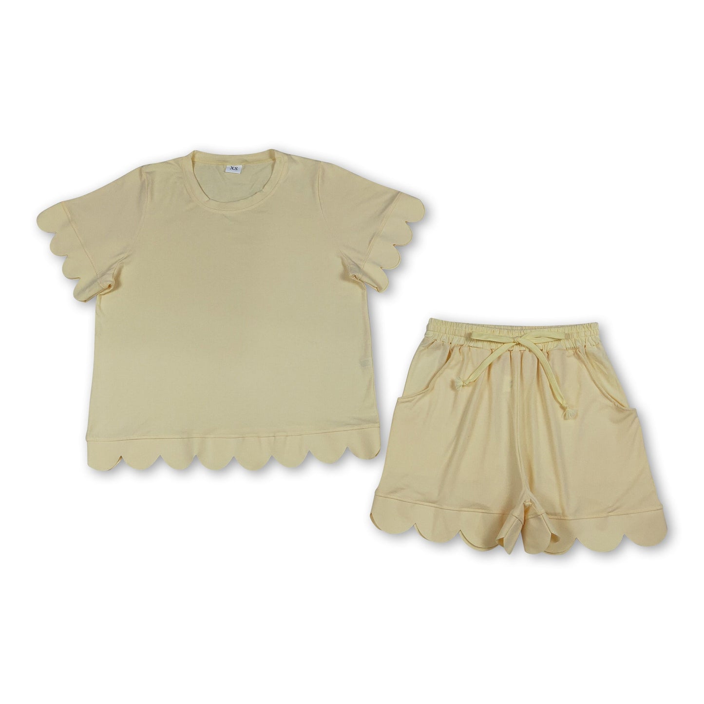 Gelbe Muschelsaum-Shorts, Oberteil, Erwachsene Damen Sommer-Outfits