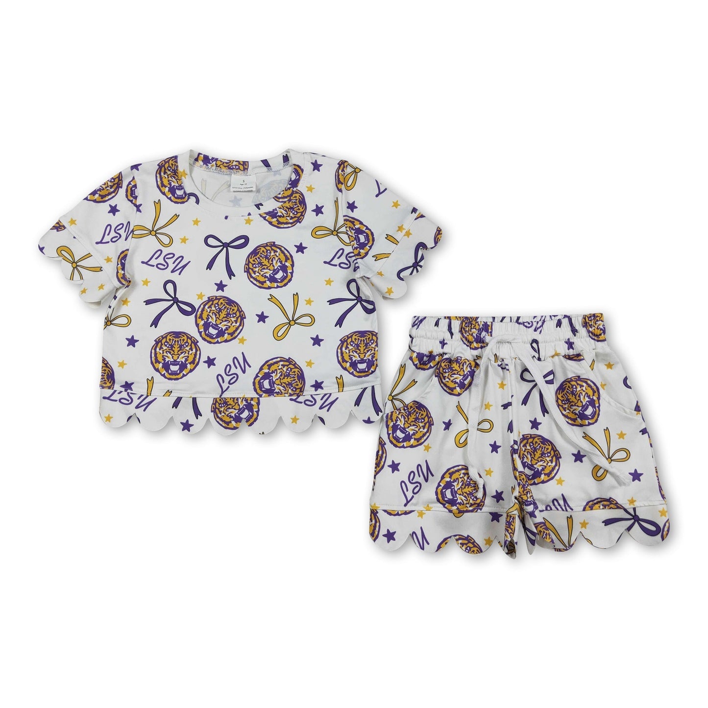 Kurzarm-Tiger-Schleifen-Muschel-Mädchen-Team-Outfits
