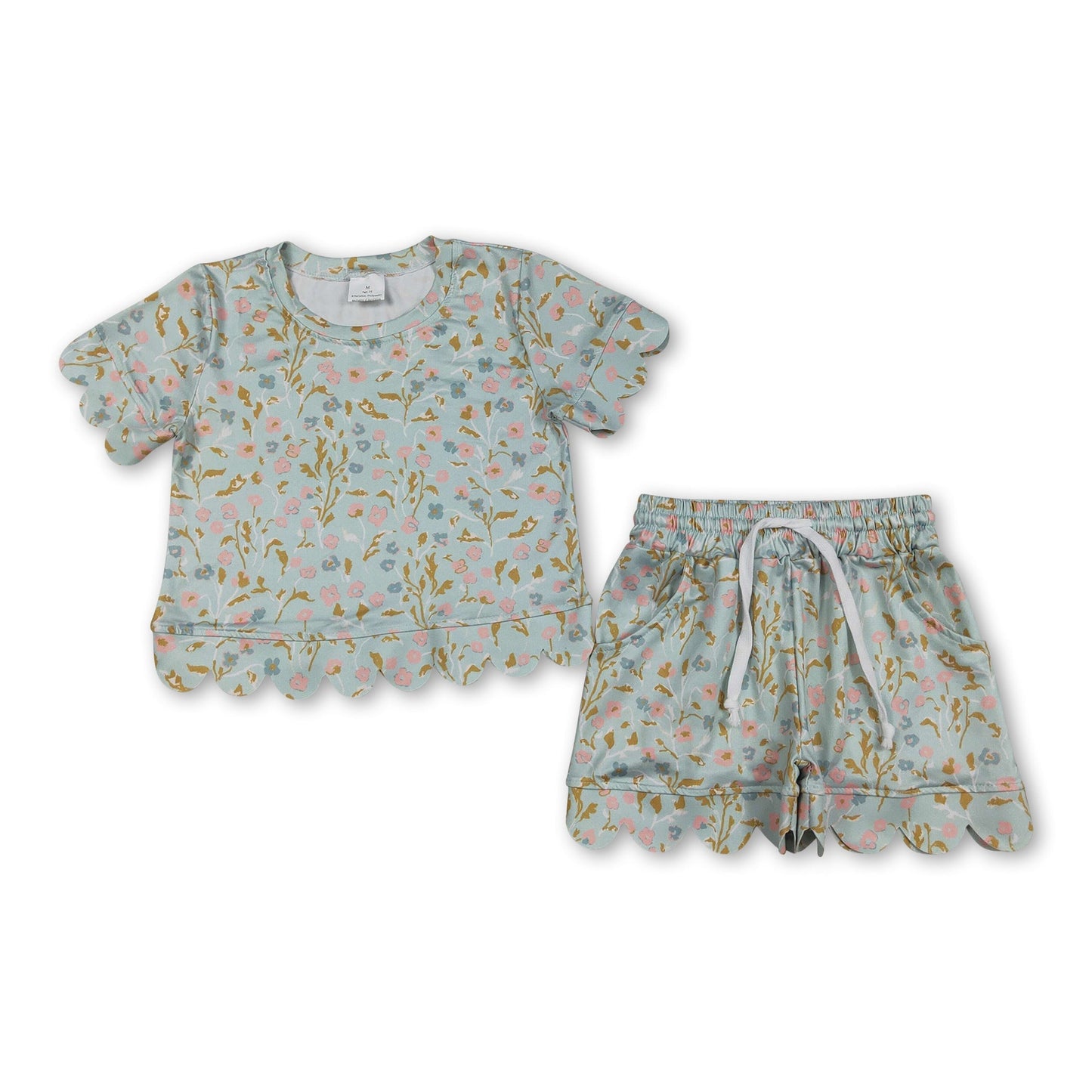Minzfarbenes geblümtes Scallop-Kurzarm-Top mit Shorts für Mädchen, Sommer-Set