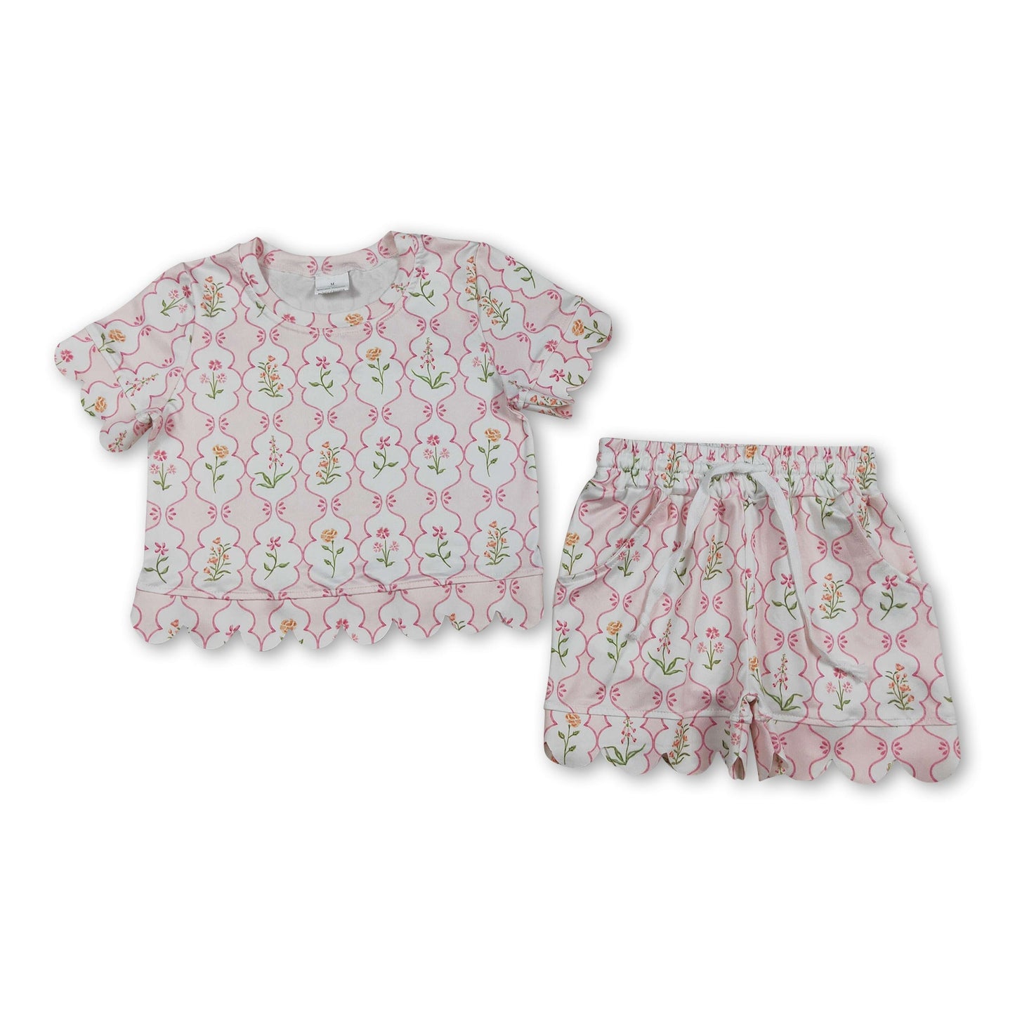 Kurzarm-Sommeroutfits für Mädchen mit rosa Blüten und Wellenrand