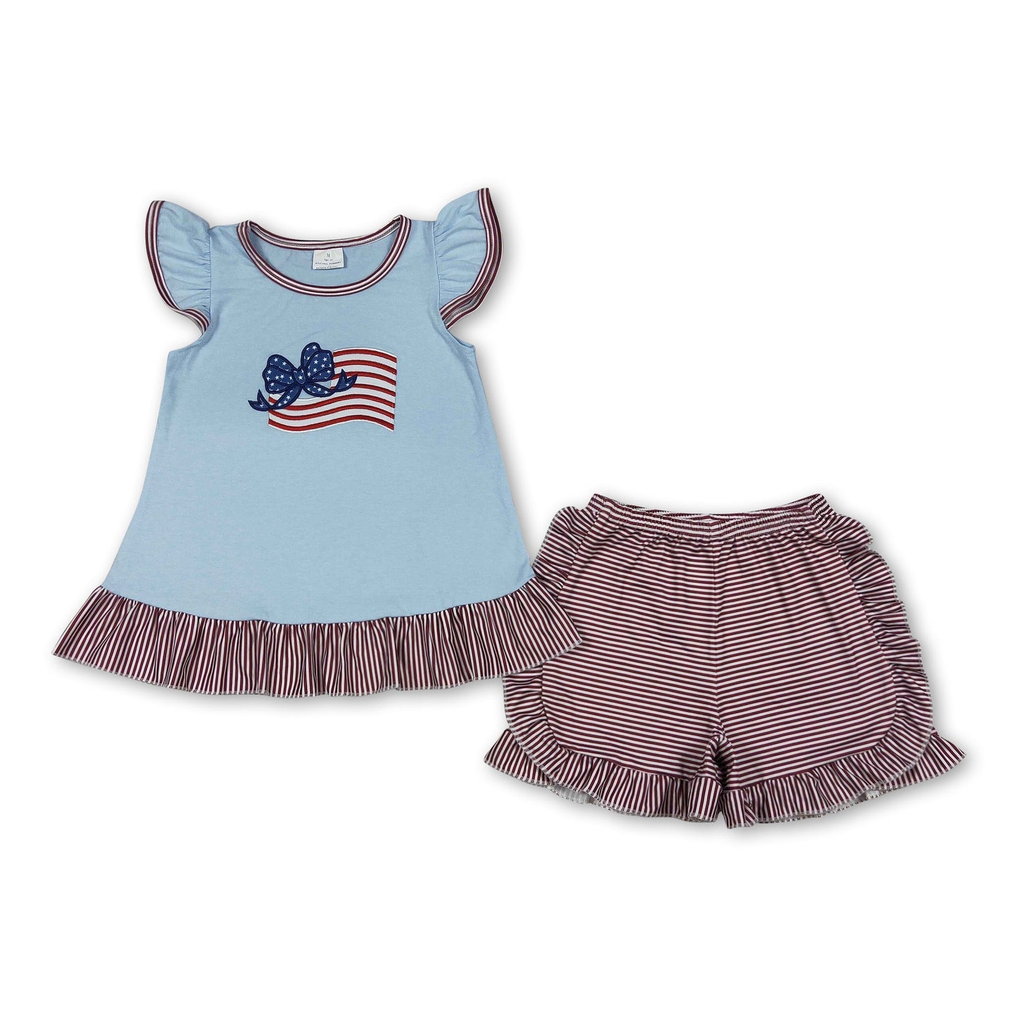 Flatterärmel Flaggen-Schleifen-Shorts Mädchen 4. Juli Outfit