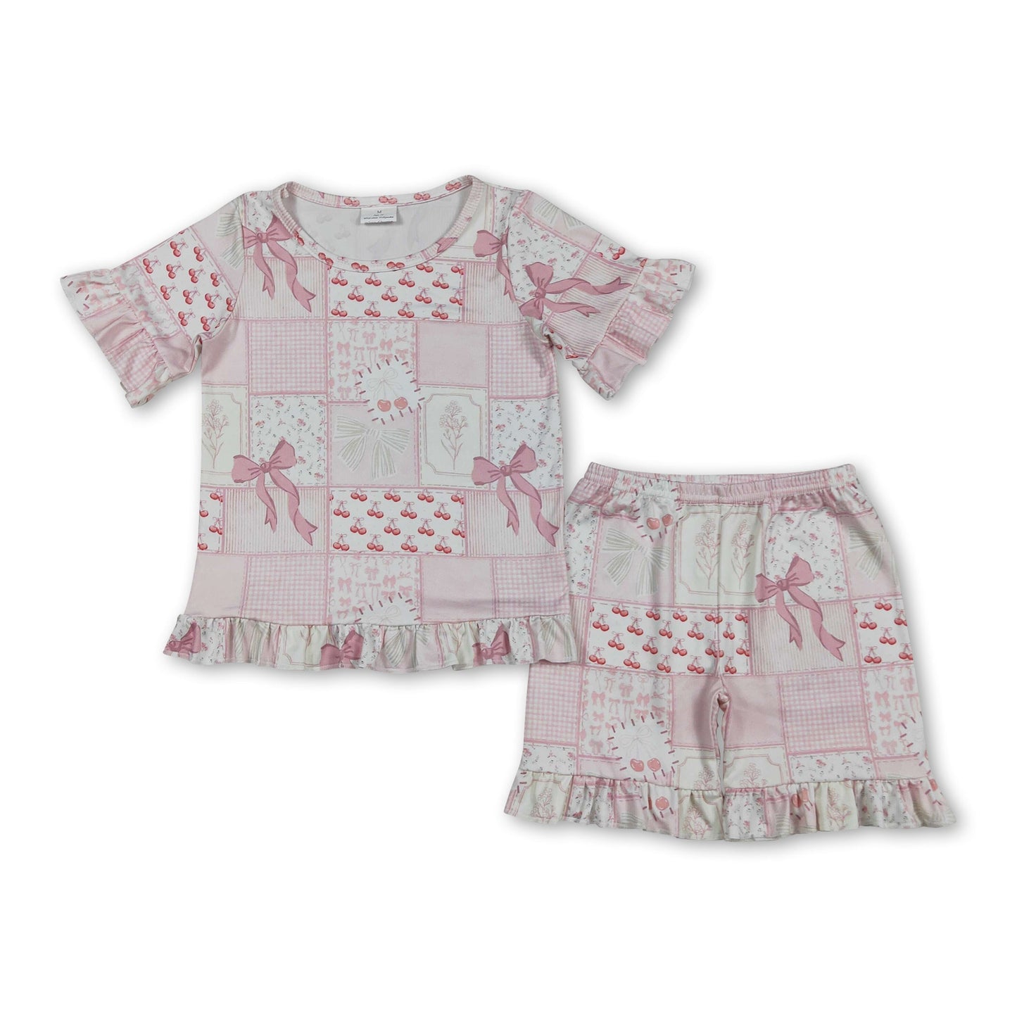 Kurzarm-Schleifen-Kirsch-Top-Shorts-Mädchen-Outfits
