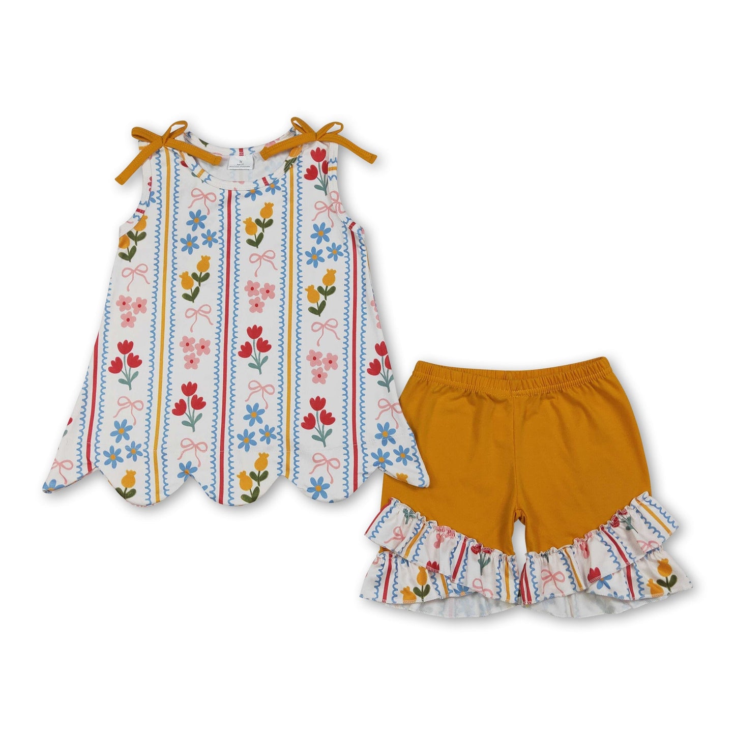 Ärmelloses Oberteil mit Blumenmuster, Schleife und Muschelkanten, orangefarbene Shorts, Mädchen-Outfits