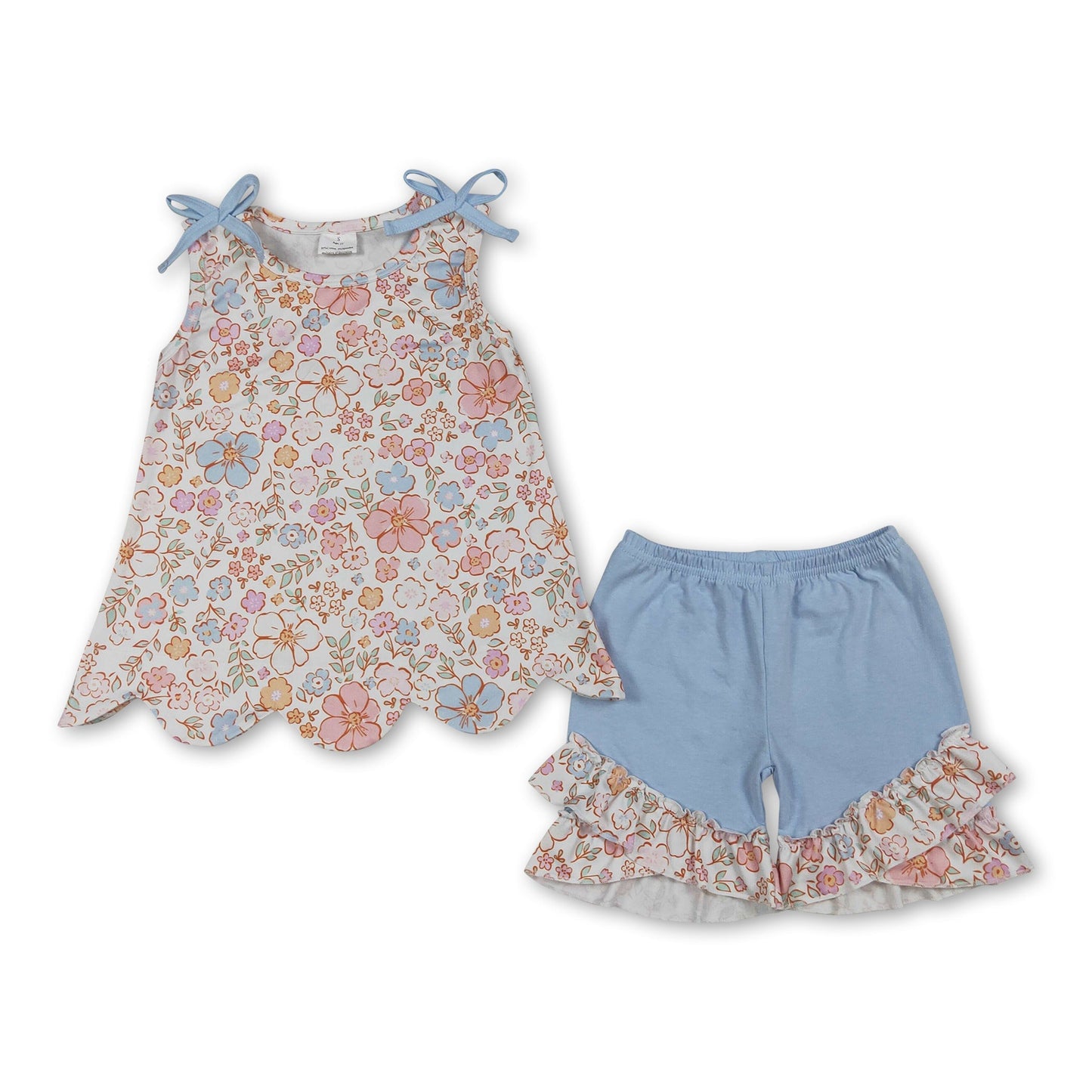 Ärmellose Oberteile mit Blumenmuster und Muschelsaum Shorts Mädchen Outfits