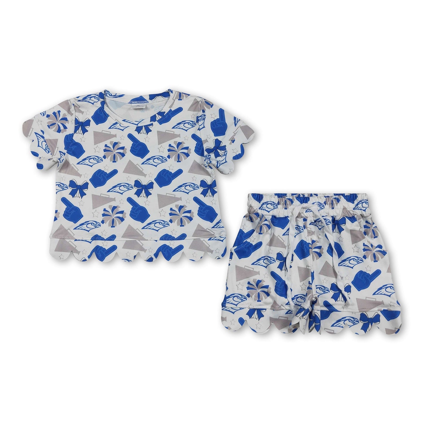 Kurzärmeliges blaues Oberteil mit Schleife und Muschelsaum Shorts Mädchen Team Outfits