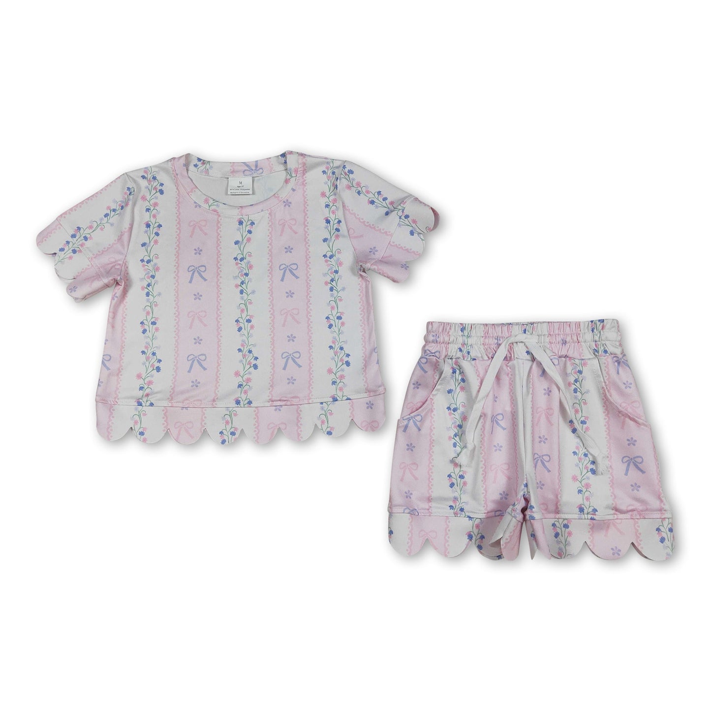 Kurzarm-Oberteil mit rosa Schleife, Blumenmuster, Wellenkante, Shorts, Mädchen-Outfits