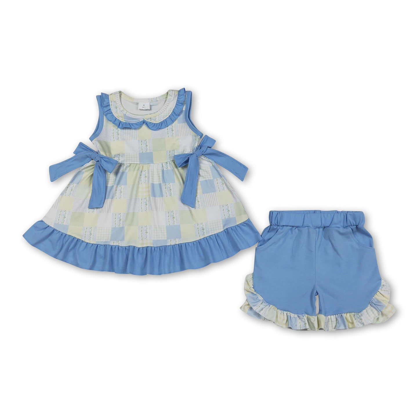 Ärmellose Schleife Patchwork Karos Tunika Shorts Mädchen Outfits