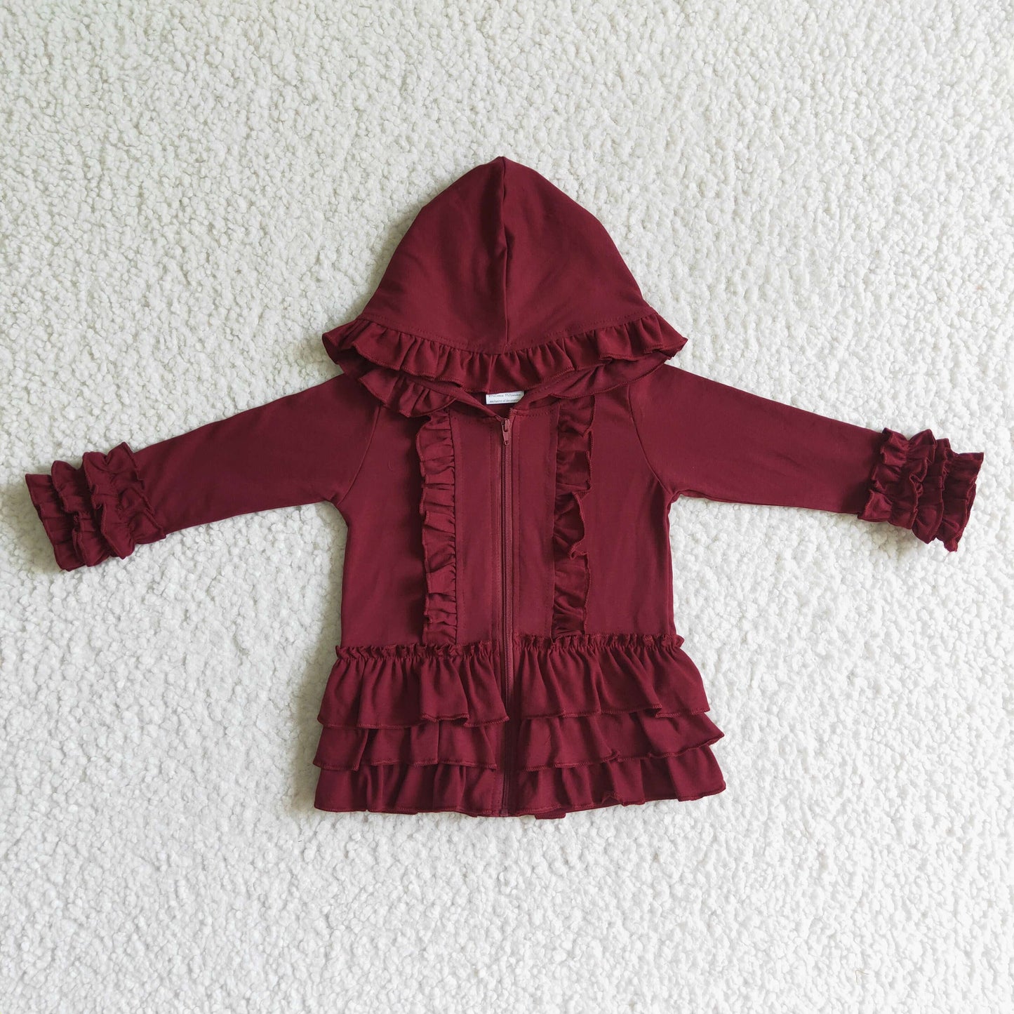 Einfarbige kastanienbraune Reißverschlussjacke für Mädchen mit Rüschen-Kapuzenstrickjacke