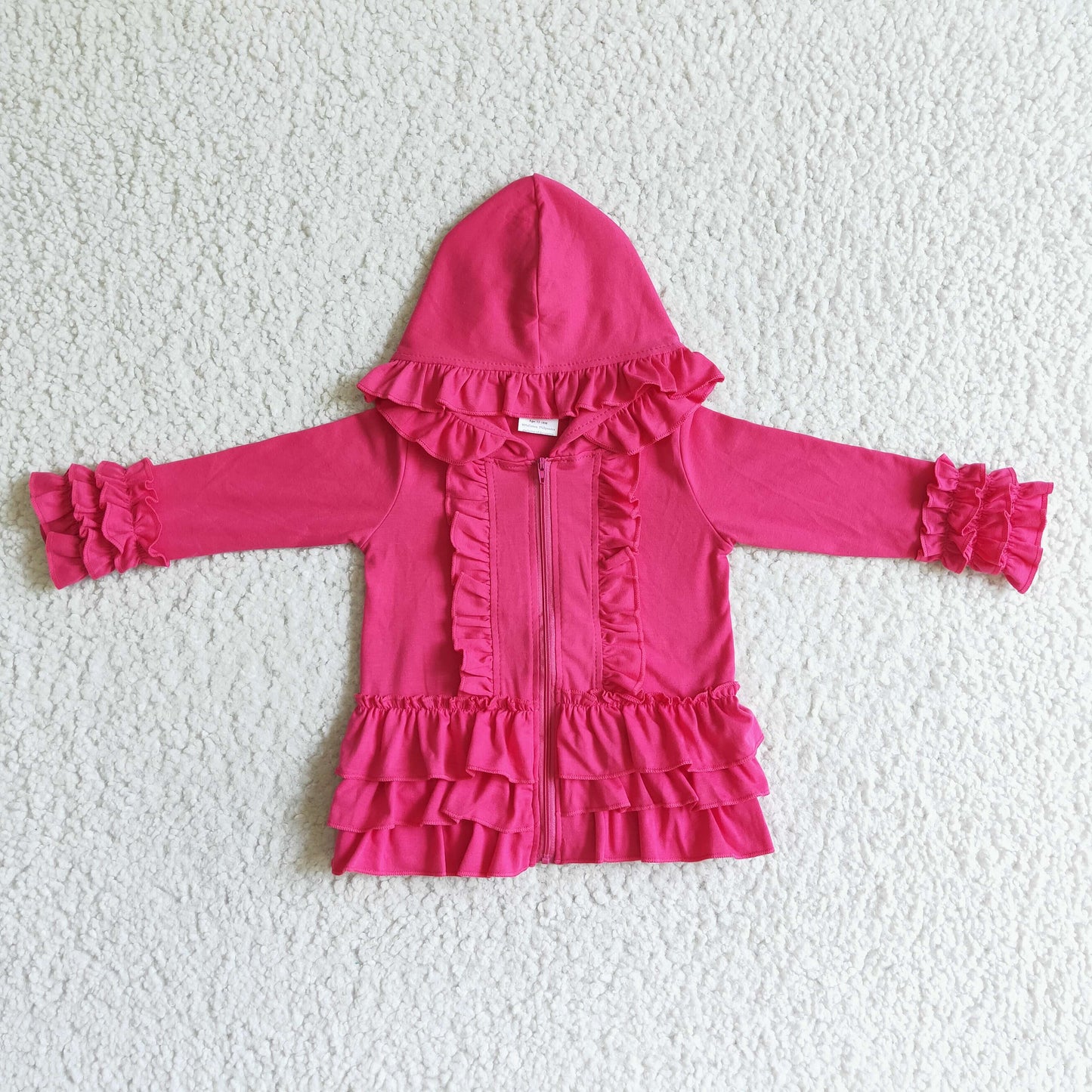 Einfarbige, pinkfarbene Reißverschlussjacke für Mädchen mit Rüschenkapuze