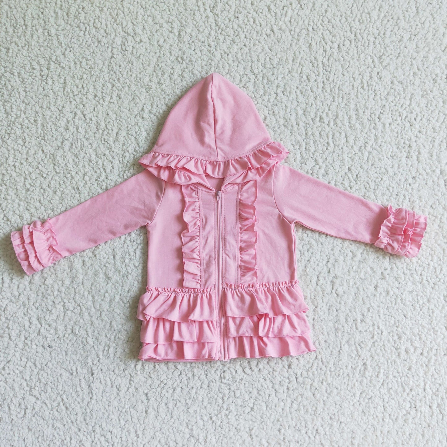 Einfarbige pinkfarbene Reißverschlussjacke für Mädchen mit Rüschen-Kapuze