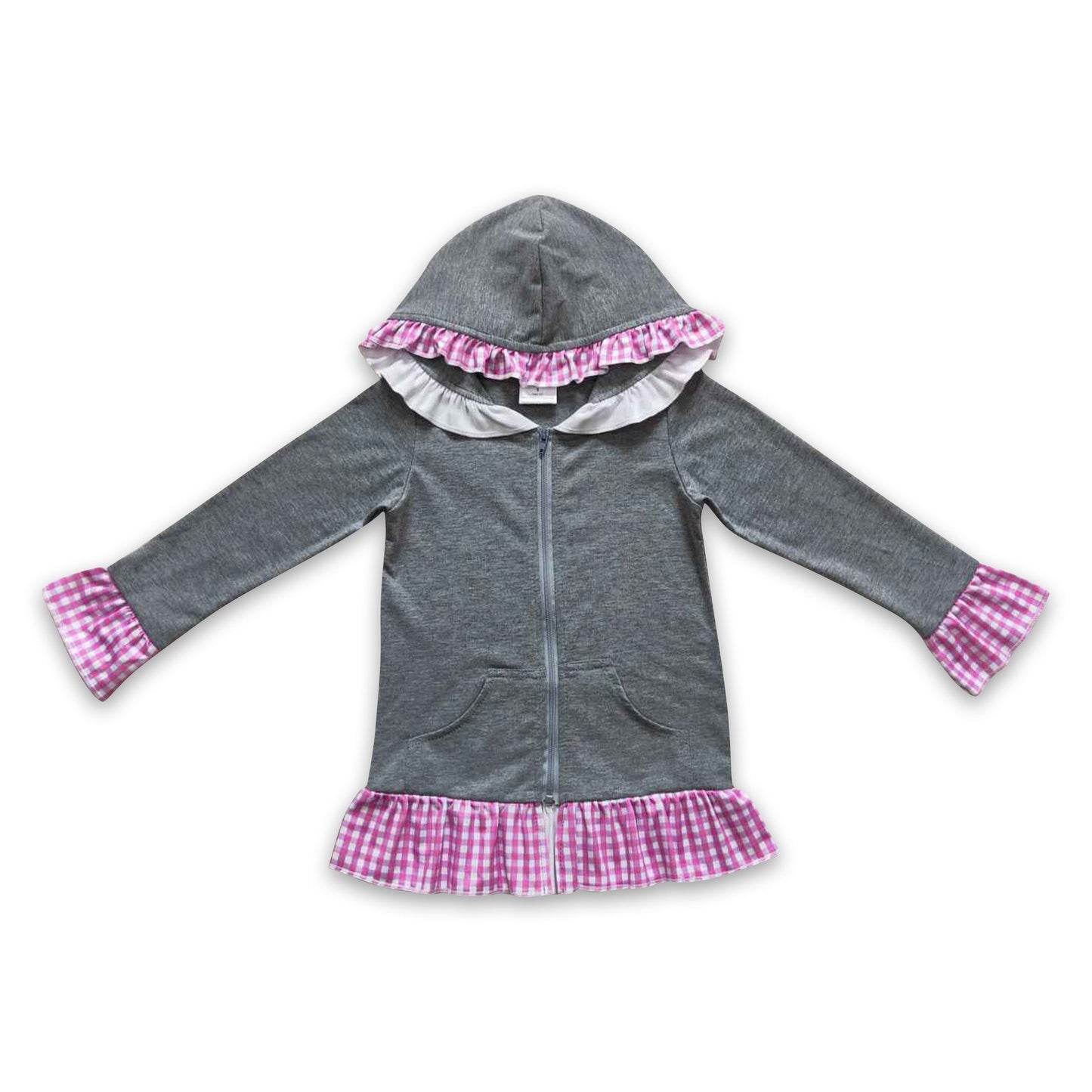 Graue Baumwolljacke mit rosa Karos und Reißverschluss für Mädchen
